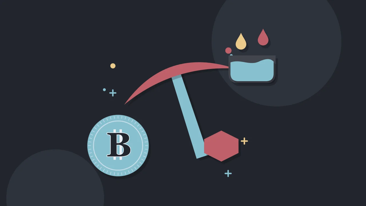 Иллюстрация кирки майнера с монетой для руководства по Bitcoin