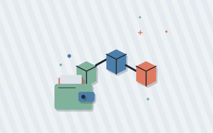Иллюстрация связанных блоков блокчейна с криптокошельком для руководства «Основы криптовалют»