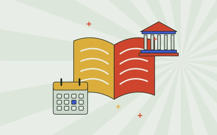 Иллюстрация открытой книги с календарём для руководства по налогам и регулированию