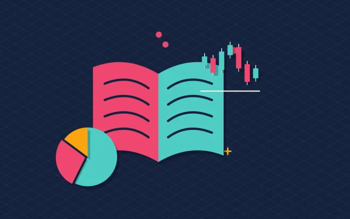 Иллюстрация раскрытой книги с круговой диаграммой портфеля для руководства по трейдингу и инвестициям