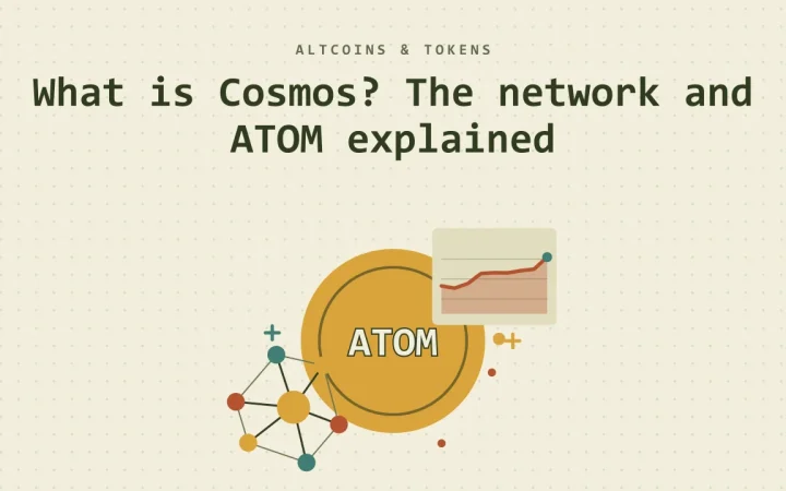 Что такое Cosmos? Сеть и ATOM простыми словами: иллюстрация монеты и сети узлов