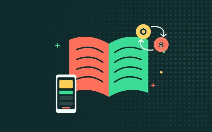 Иллюстрация открытой книги с приложением на телефоне для руководства «Покупка & биржи»