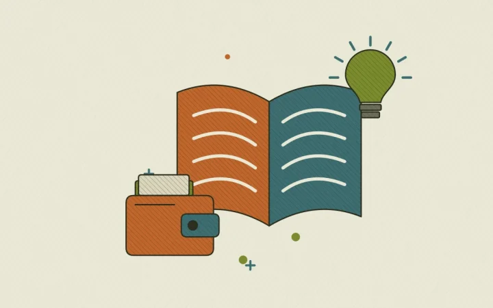 Иллюстрация открытой книги с криптокошельком для руководства по основам криптовалют