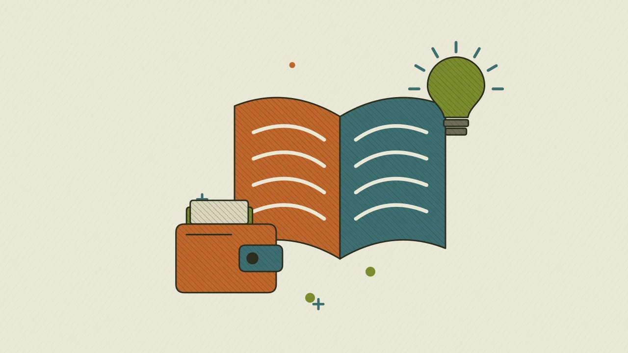 Иллюстрация открытой книги с криптокошельком для руководства по основам криптовалют