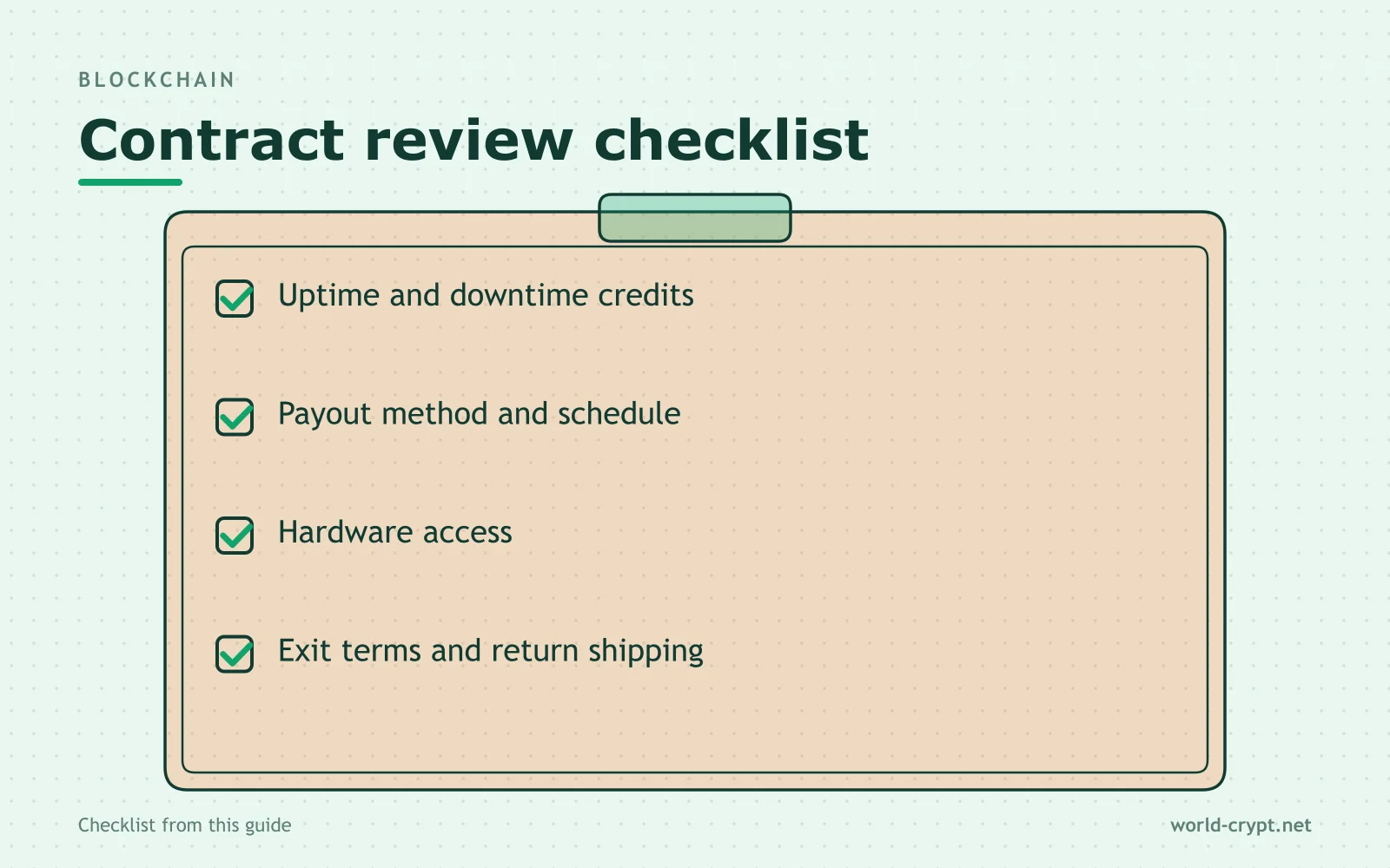 Чек-лист, Contract review checklist: компенсации за простой и доступность; способ и график выплат; доступ к оборудованию; условия выхода и обратная доставка