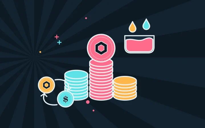 Иллюстрация стопок монет с двумя монетами, которые обмениваются для руководства по DeFi & Web3