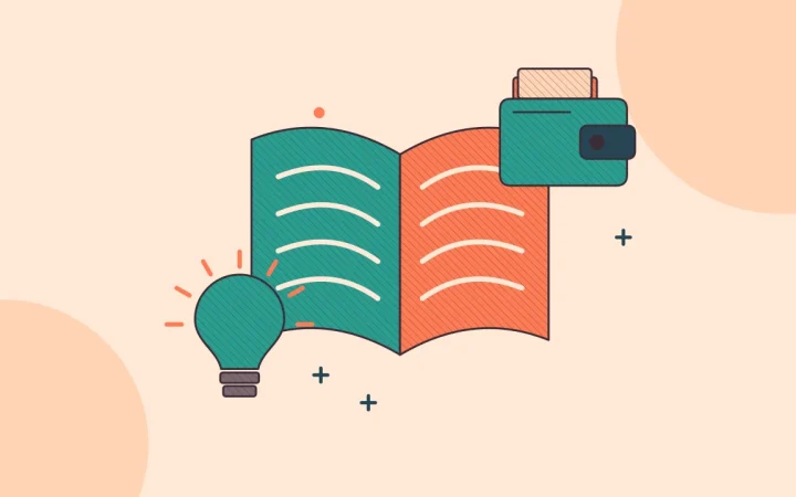 Иллюстрация открытой книги с идеей в виде лампочки для руководства по основам криптовалют