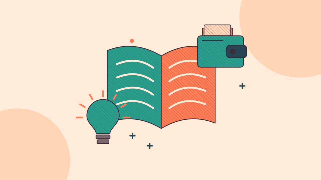 Иллюстрация открытой книги с идеей в виде лампочки для руководства по основам криптовалют