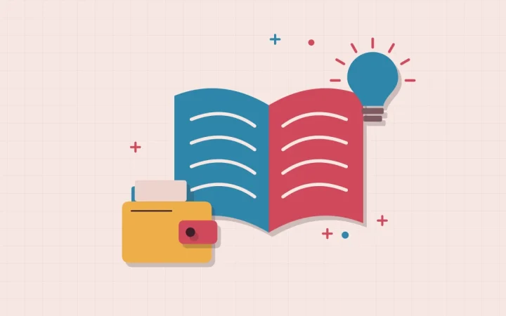 Иллюстрация открытой книги с криптокошельком для руководства по основам криптовалют