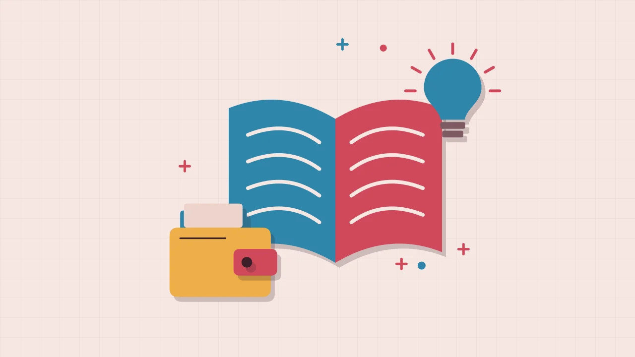 Иллюстрация открытой книги с криптокошельком для руководства по основам криптовалют