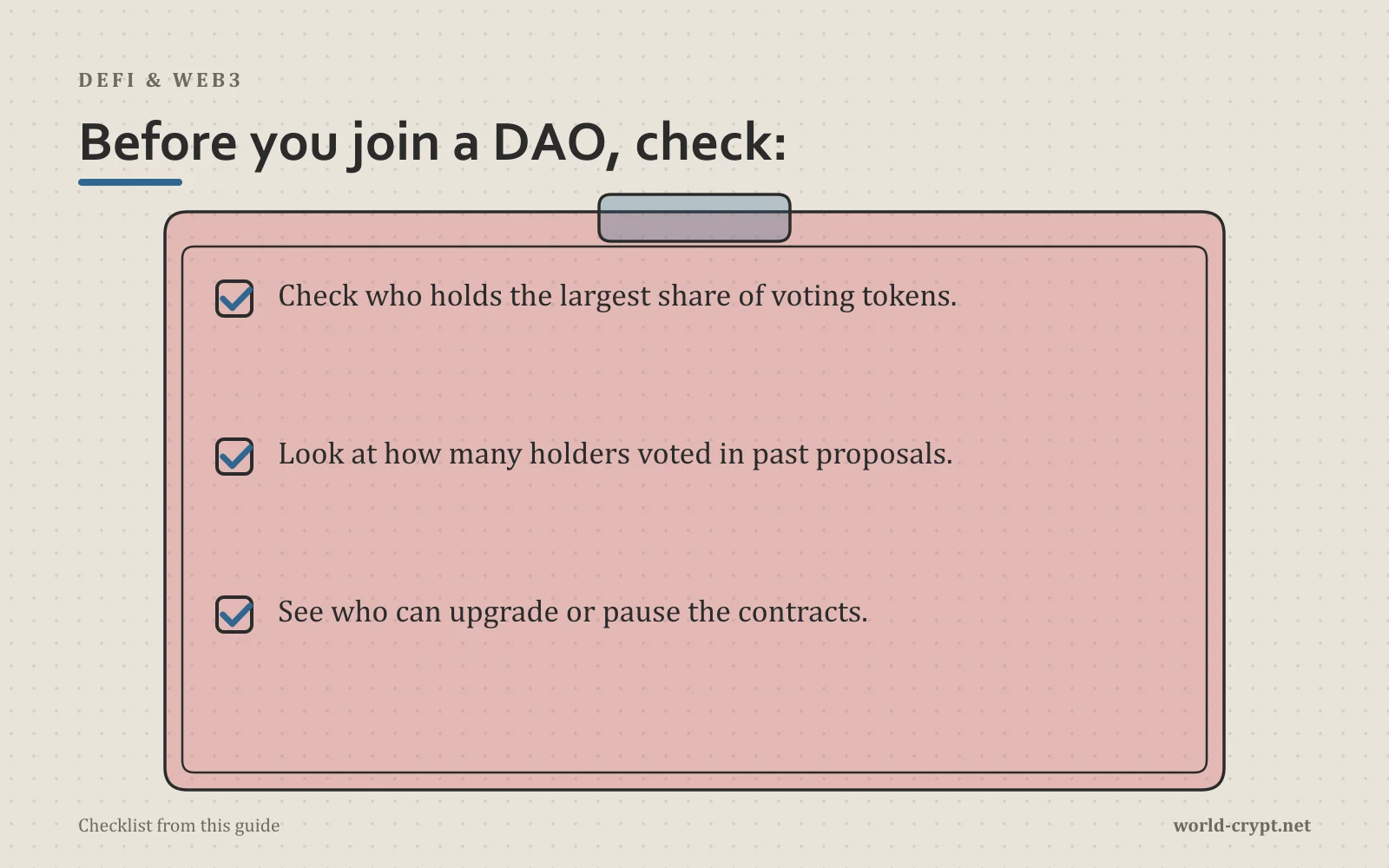 Чек-лист, Before you join a DAO, check:: Проверьте, кто владеет наибольшей долей голосующих токенов; Посмотрите, сколько держателей голосовали по прошлым предложениям; Узнайте, кто может обновлять контракты или приостанавливать их