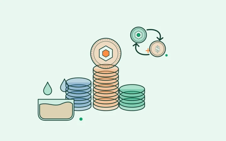 Иллюстрация стопок монет с пулом ликвидности для руководства по DeFi & Web3