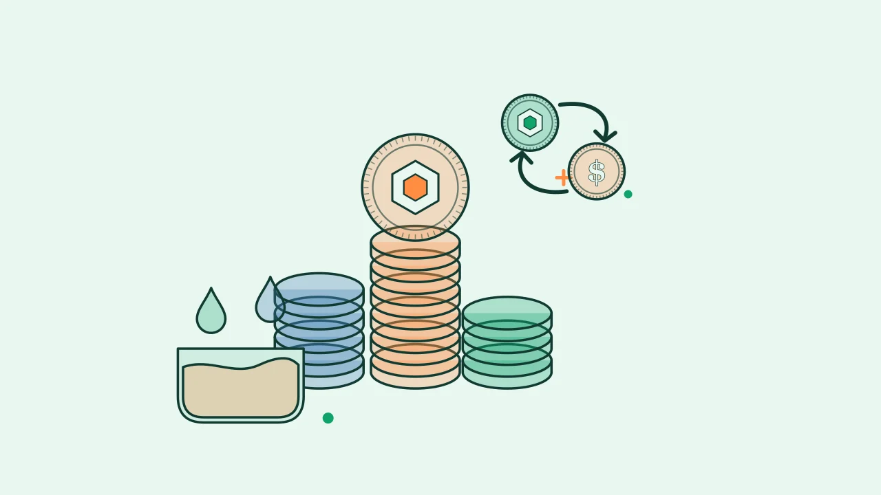 Иллюстрация стопок монет с пулом ликвидности для руководства по DeFi & Web3