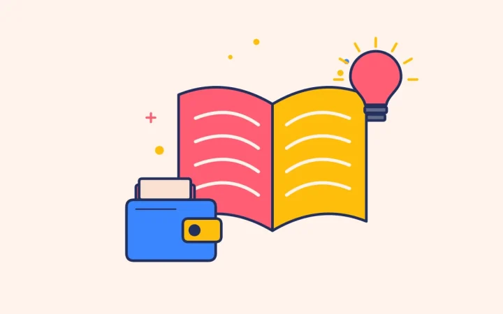 Иллюстрация открытой книги с криптокошельком для руководства по основам криптовалют