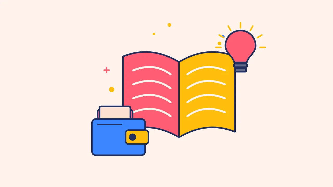 Иллюстрация открытой книги с криптокошельком для руководства по основам криптовалют