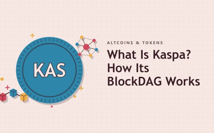 Что такое Kaspa? Как работает его BlockDAG: иллюстрация с монетой и связанными блоками блокчейна