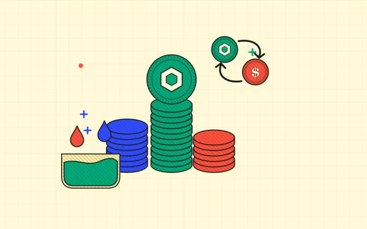 Иллюстрация стопок монет с пулом ликвидности для руководства по DeFi & Web3