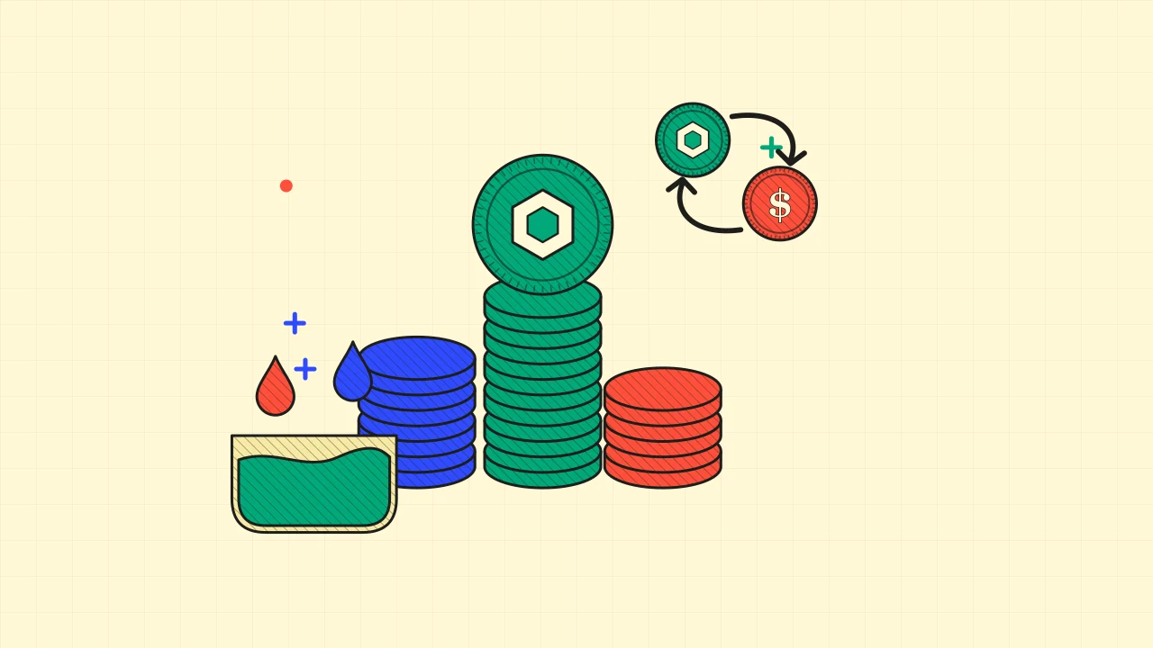 Иллюстрация стопок монет с пулом ликвидности для руководства по DeFi & Web3