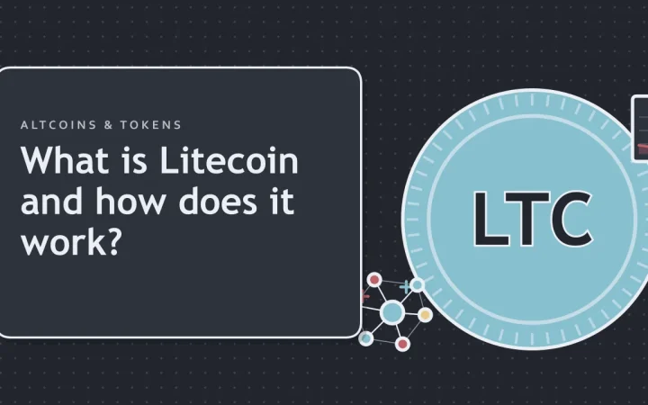 Что такое Litecoin и как он работает?: иллюстрация с монетой и сетью узлов