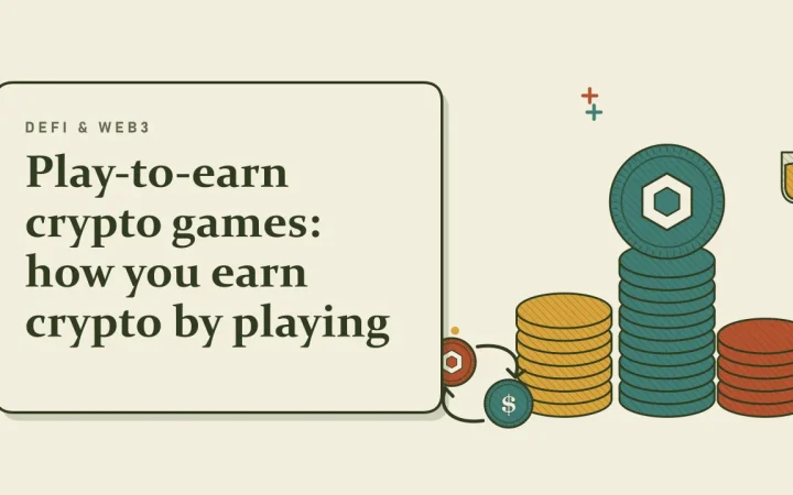 Криптоигры play-to-earn: как зарабатывать криптовалюту, играя: иллюстрация стопок монет и обмена двух монет