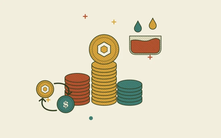 Иллюстрация стопок монет с двумя монетами, которые обмениваются для руководства по DeFi & Web3