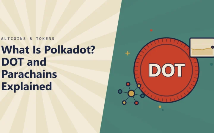 Что такое Polkadot? DOT и парачейны простыми словами: иллюстрация монеты и сети узлов