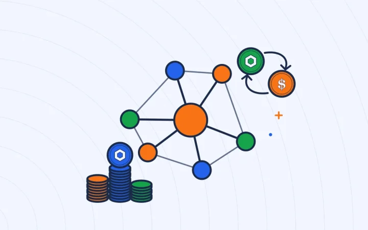 Иллюстрация сети узлов со стопками монет для руководства по DeFi & Web3
