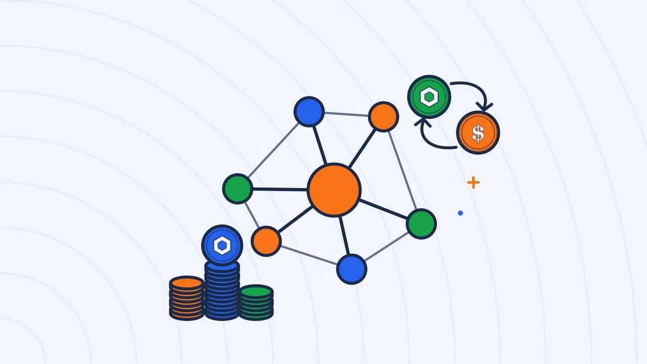 Иллюстрация сети узлов со стопками монет для руководства по DeFi & Web3