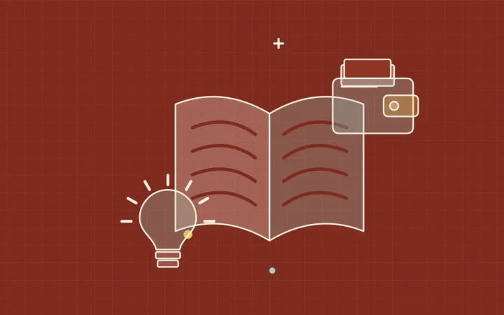 Иллюстрация открытой книги с идеей в виде лампочки для руководства по основам криптовалют