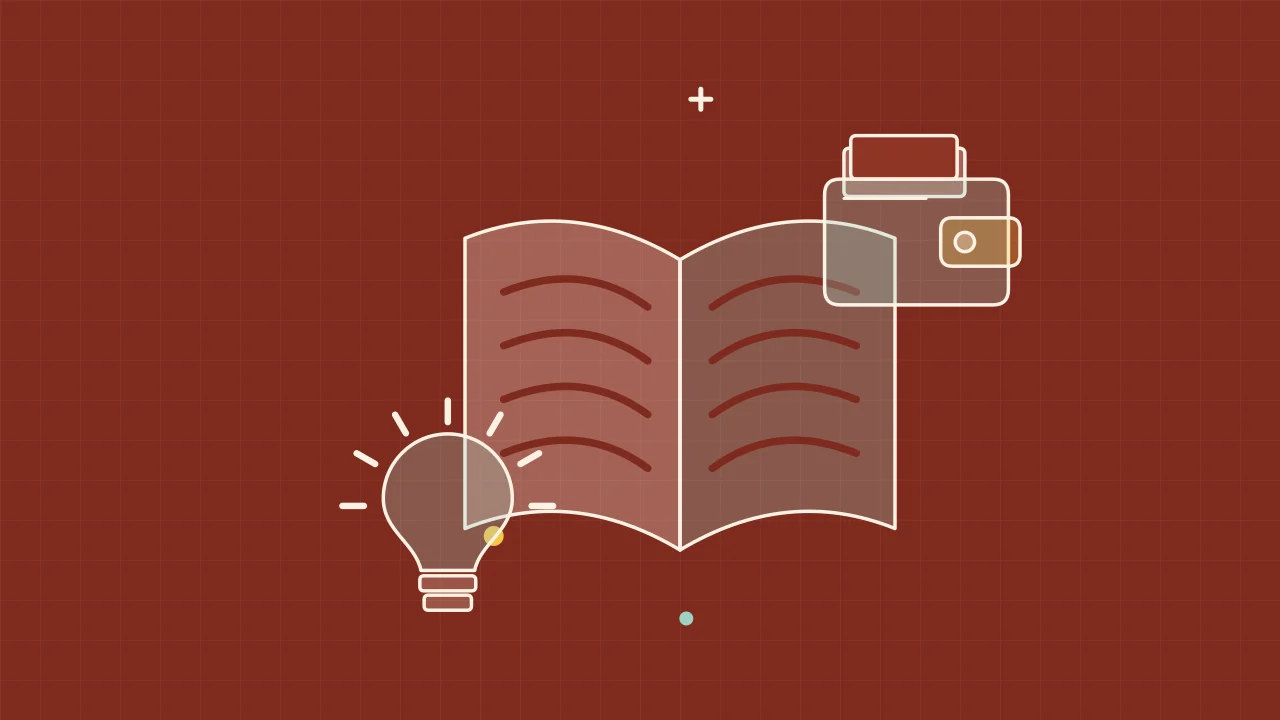 Иллюстрация открытой книги с идеей в виде лампочки для руководства по основам криптовалют