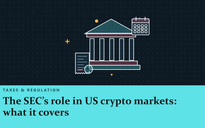 Роль SEC на крипторынках США: что она охватывает: иллюстрация здания регулятора и налоговой квитанции
