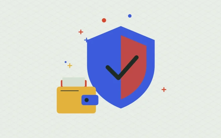 Иллюстрация защитного щита с криптокошельком для руководства «Основы криптовалют»