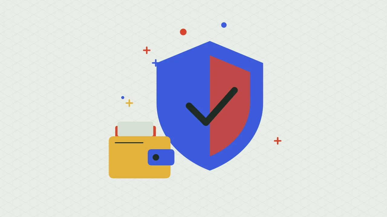 Иллюстрация защитного щита с криптокошельком для руководства «Основы криптовалют»