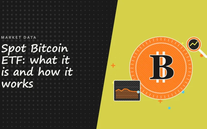 Спотовый Bitcoin ETF: что это и как он работает: иллюстрация с монетой и ценовым графиком