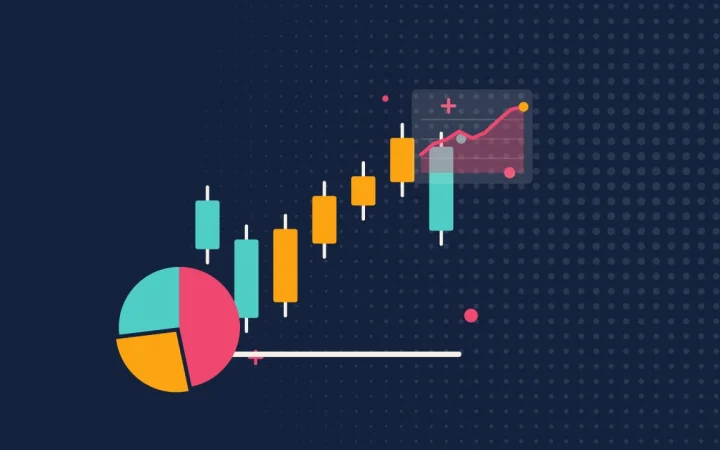 Иллюстрация свечного графика с круговой диаграммой портфеля для руководства по трейдингу и инвестициям