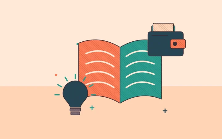 Иллюстрация открытой книги с идеей в виде лампочки для руководства по основам криптовалют