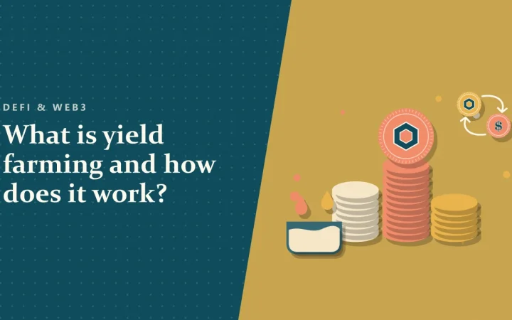 Что такое yield farming и как это работает?: иллюстрация стопок монет и пула ликвидности