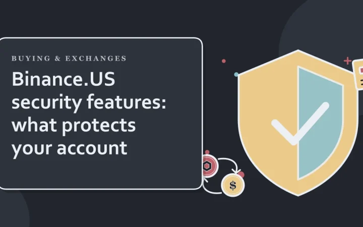 Функции безопасности Binance.US: что защищает ваш аккаунт: иллюстрация со щитом безопасности и двумя обмениваемыми монетами