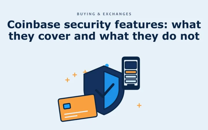 Функции безопасности Coinbase: что они покрывают, а что нет: иллюстрация со щитом безопасности и криптокартой