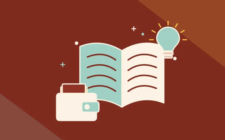 Иллюстрация открытой книги с криптокошельком для руководства по основам криптовалют
