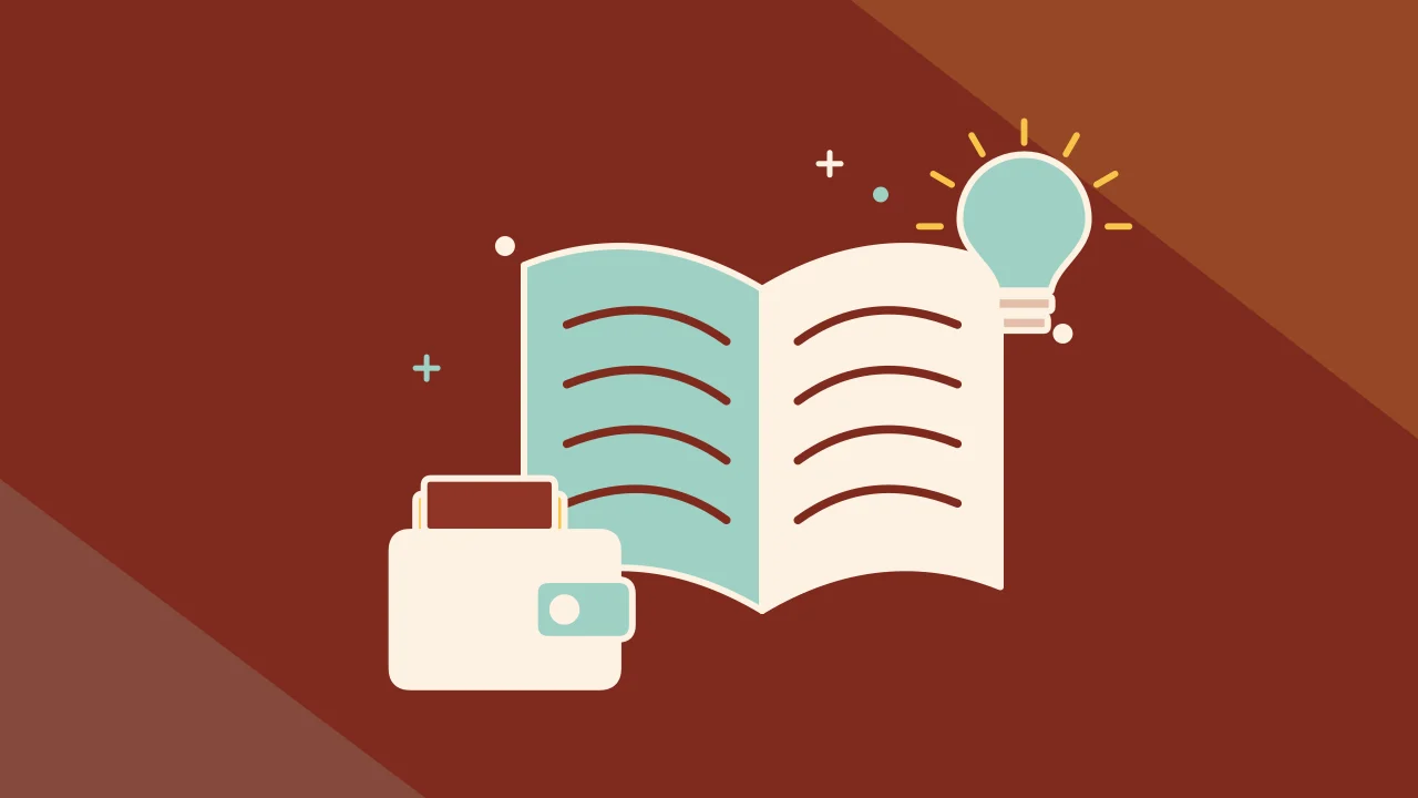 Иллюстрация открытой книги с криптокошельком для руководства по основам криптовалют